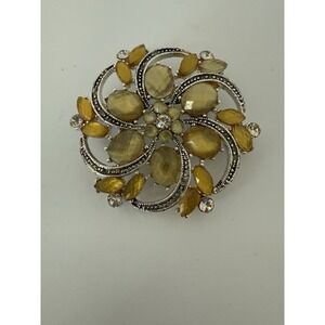 Vintage Liz Claiborne Yellow Acrylic Amber Rhinestone Brooch EUC